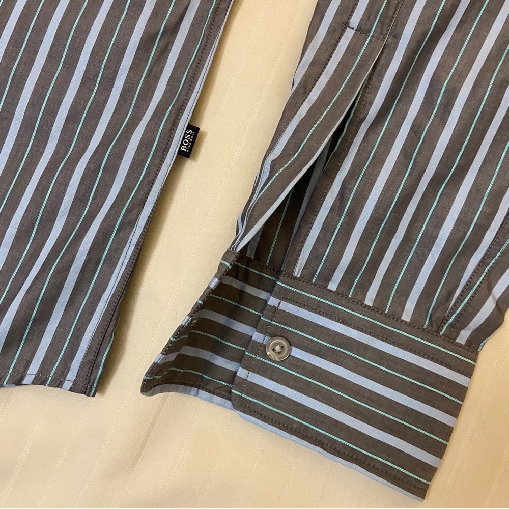 HUGO BOSS slim fit long-sleeve gray/blue/teal striped collared dress shirt sz M - Picture 8 of 11